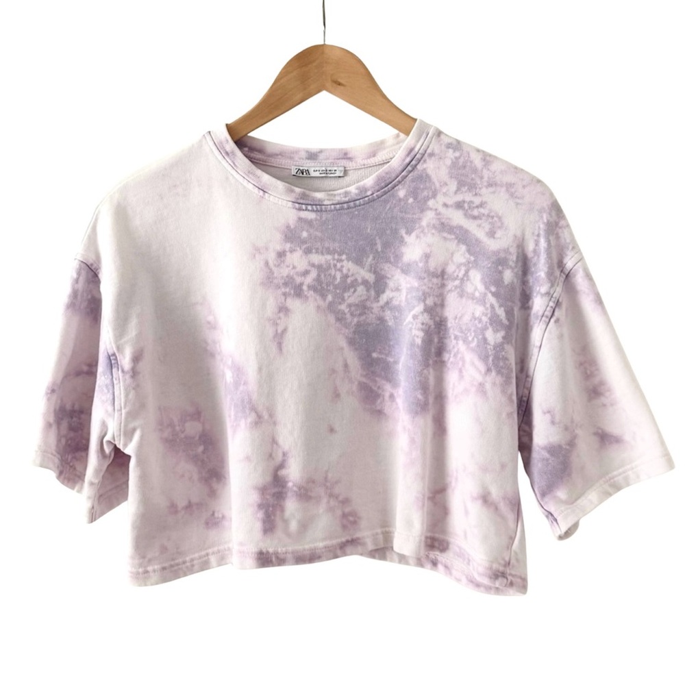 Zara Cropped Tie-Dye Sweatshirt Top S Pink Purple White Crewneck Boxy